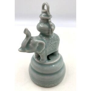 Celadon Green Bell Elephant Finial Chinese Embossed Detail Porcelain Vtg 6"